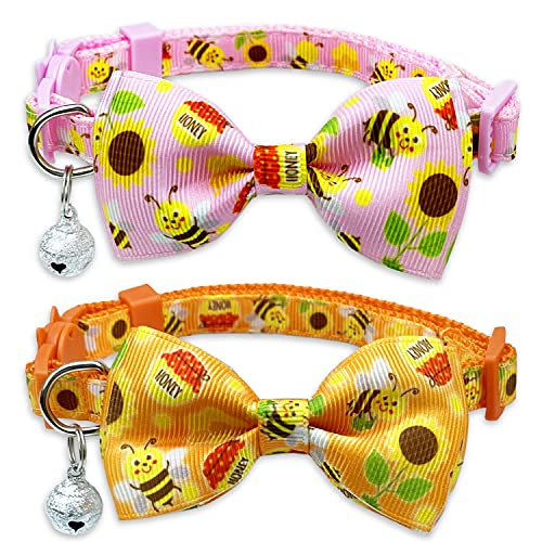 Pohshido 2 Pack Cat Bow Tie Collar with Bells, Breakaway Buckle Safety Kitty Kitten Collar (Adjustable Size from 7.8-12…