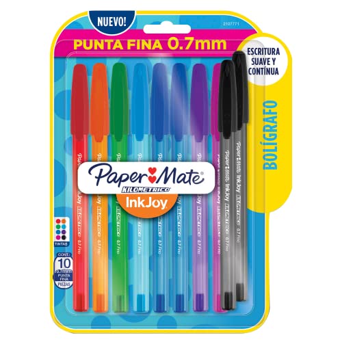 PAPER MATE, Caneta Esferográfica, Paper Mate, Kilométrica, 100, Colorz, Fina, 0,7 mm, 8 Cores e 2 Pretas, Multicor, 2107771