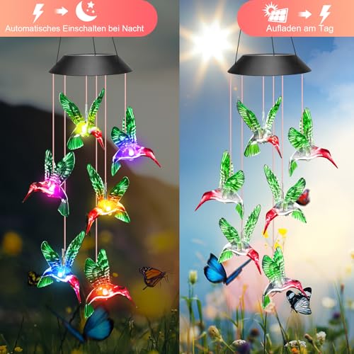 Winzwon Kolibri Solarlampen für Außen Garten Balkon Deko Wetterfest, Solar Windspiele für Draußen Hängend, Terassendeko Solarleuchten Oster Geschenke für Frauen Mama Oma