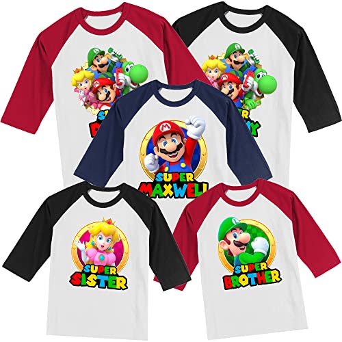 Personalized Super Family Birthday Shirt | Mario Shirts | Matching Set | Handmade Decorated Shirt | Personalized with Name and Age | Unisex 3/4 Sleeve Raglan T-Shirt | #1102