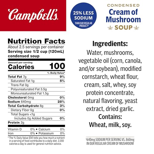 Image of Campbell's Condensed 25% Less Sodium Cream of Mushroom Soup, 10.5 Ounce Can (Pack of 2)