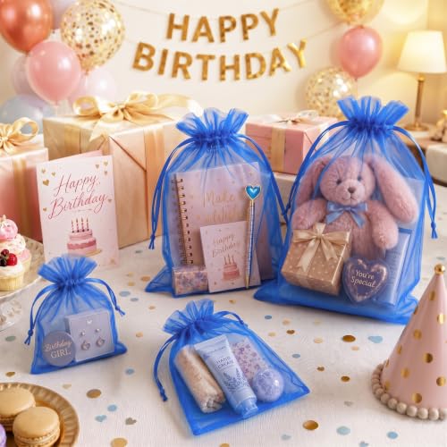 Image of FUNFERY 100PCS Royal Blue Organza Gift Bags 5x7in,Drawstring Jewelry Pouch