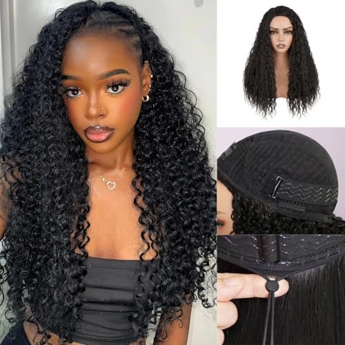 Enivuoso Kinky Curly Half Wig 3 In 1 Drawstring Seamless Deep Water Wave Half Wigs for Black Women Glueless Clip-In & Flip-Over Synthetic Wig #2 Natural Black 20 Inch