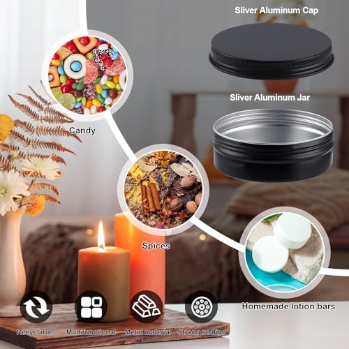 60 Pack Round Cans with Screw Lid 4 Oz Aluminum Metal Tins DIY Food Candle Containers for Lotion Bars, Balms, Salve, Spices, Beard Balm, Crafts with 4 Markers 2 Sheets Label Stickers4