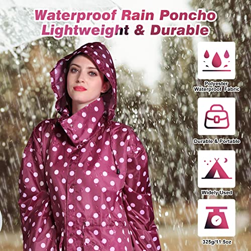 LAMA Stilvolle Lange Regenjacke Regenmantel Regenponcho mit wasserdichte Pattentasche Kapuze Tunnelzug Erwachsene Regenbekleidung Regencape Raincoat Regenschutzbekleidung Damen, Rosa Tupfen XXL
