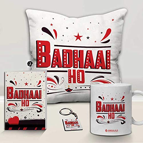 JHINGALALABadhaai Ho Printed Cushion Mug Key Chain Greeting Card Combo Gift Pack | Badhai Gifts, Gift for Birthday, Gift for Marriage, Gift for Engagement, Gift for Wedding