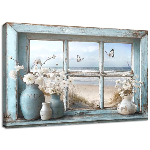 Ventana Vista Playa Costera Marco de Madera Cuadro Moderno Flor de Jazmín en Jarrón Mariposa Lienzo Decorativos Pintura Imagen Rústico Floral Cuadros Decoracion Salon Dormitorios Pasillo 30cmx40cm