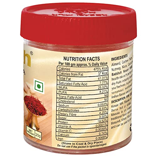 Image of Badshah Kesari Milk / Doodh Masala Powder / Made with Almond, Cashew Nuts, Cardamom (Elaichi) Saffron (Kesar) / Freshly Blended / Tasty and Healthy / 20 Gram / Pack of 1