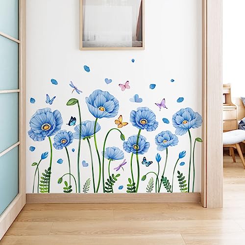 Timelesslong Blue Lotus Flowers Wall Stickers for Living Room Bedroom Vinyl Butterfly Wall Decals Removable Floral Wall Murals Peel and Stick Flower Wall Art Decor Wallpaper for Adult Room Office - Image 2
