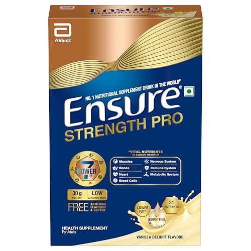 Image of Ensure Strength Pro | High Protein Nutritional Drink for Adults | Vanilla Delight (400g) | 30g Protein, Low GI, Gluten Free | L-Carnitine| No Artificial Flavors | Scientifically formulated with Power of 7- Muscles, Bones, Heart, Immune System, Metabolic System, Nervous system, Blood Cells health