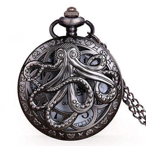 Vintage Octopus Hollow Half Hunter Quartz Pocket Watch Steampunk Black Pocket Watch With Necklace Chain Gift For Kids