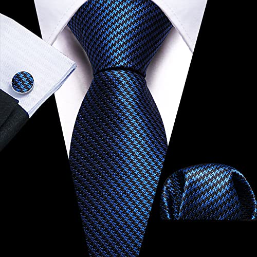 Image of Barry.Wang Plaid Ties for Men Silk Necktie Handkerchief Cuff Links Set