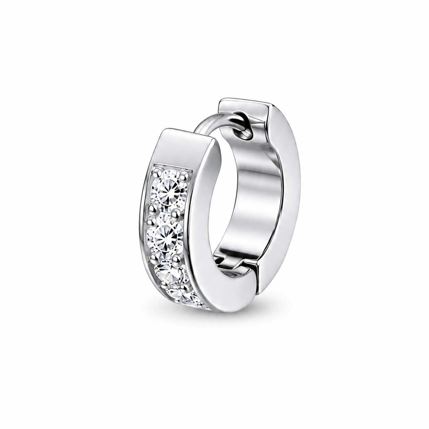 (1 Piece) Unisex Stainless Steel Silver-Tone Crystal Huggie Hoop Bali Earrings for Men & Women | Cubic Zirconia Hoop Earrings | Lightweight Hinged Click Closure | Elegant Daily Wear Jewelry-image-49