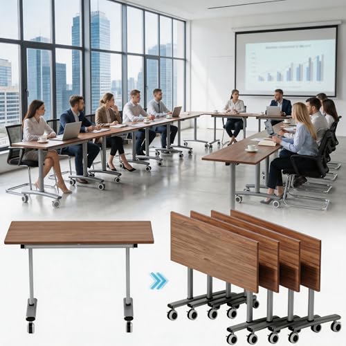 Folding Conference Table with Silent Locking Wheels,Flip-Top Mobile Training Table for Business Office Meeting Seminar,Modular Classroom Table for High School & - Space-Saving,Walnut,55in,1