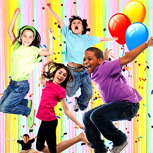 Image of 4 Pack Macaron Rainbow Foil Fringe Curtain Backdrop, 3.28Ftx8.2Ft Colorful Foil Fringe Streamers Curtains for Party, Photo Booth Props, Birthday, 2022 Graduation Decoration Supplies
