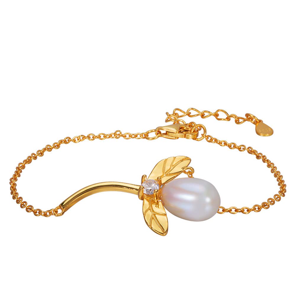 Girls Accessories Bracciale in Argento Sterling 925 Vintage per Donna Semplice Perla d'Acqua Dolce Foglia Dorata Gioielli Classici Fascino Spiaggia Estiva Birthday Gift