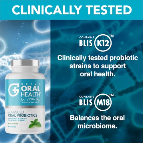 Image of Oral Probiotics for Mouth Bad Breath Treatment for Adults; Dentist Formulated Dental Probiotics for Teeth and Gums Health & Chronic Halitosis with BLIS K12 M18, 60 Chewable Oral Health Tablets Mint