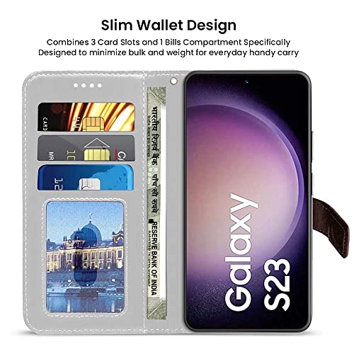 Image of FLIPPED Vegan Leather Flip Case Back Cover for Samsung Galaxy S23 5G (Flexible, Shock Proof | Hand Stitched Leather Finish | Card Pockets Wallet & Stand | Coffee with Brown)
