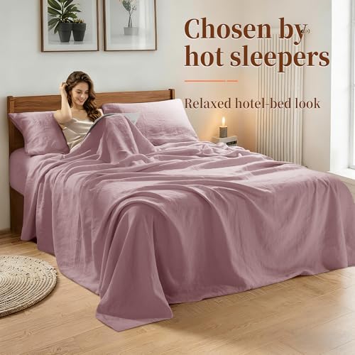Image of 100% Pure Linen Sheet Set for Hot Sleepers, Breathable Natural Linen Sheets 4pcs, Bedding Set Deep Pocket Up to 16 inch Moisture-Wicking, Softens with Every Wash (Embroidery Purple Queen)
