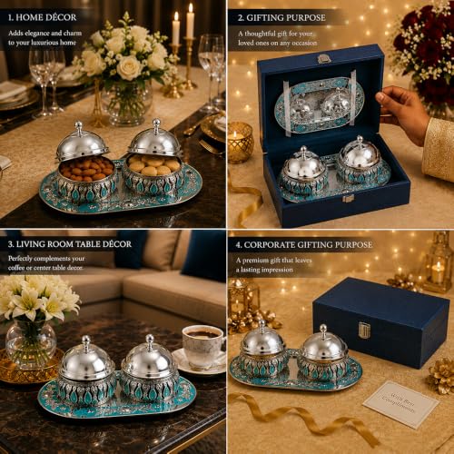 Image of Diviniti Silver Plated 2 Bowl Tray Set with Lids | Decorative Serveware for Dry Fruits, Sweets & Mouth Fresheners | Luxury Home Decor & Gifting Item for Dining Table, Diwali & Corporate Gifts (Blue)