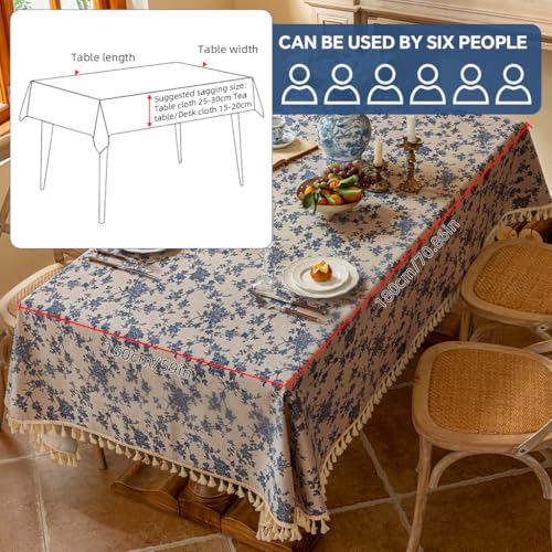 Image of HASTHIP Floral Table Cloth - 150x180cm Blue Linen with Tassel, Rustic Elegant Cotton-Linen Blend Dining Table Cover, Decorative Protector for Kitchen, Dining Room & Outdoor Use