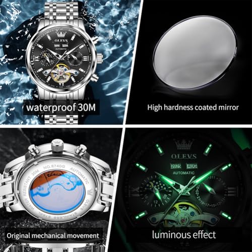 Image of OLEVS Automatic Watches for Men Luxury Skeleton Multi-Function Mechanical Watch Self Winding Date Waterproof Luminous Mens Watch