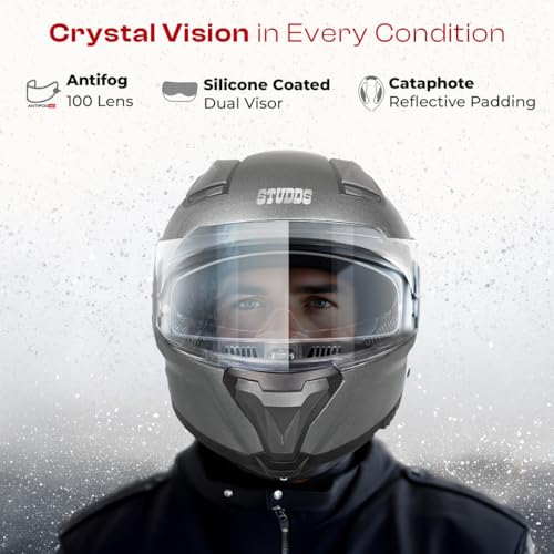 Image of STUDDS Helios ISI and DOT Certified Full Face Helmet with Antifog 100 Lens, Sporty Spoiler (Gun Grey - XL)