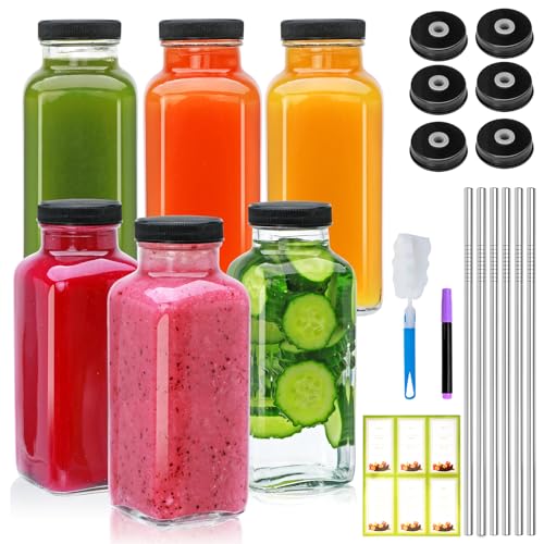 Maredash 12oz Glass Bottles with lids,juice bottles gifts for women,glass bottles with lids,glass water bottles. Kit includes Stainless Steels Straws,Two Types of Lids,Cleaning Brush 6pcs