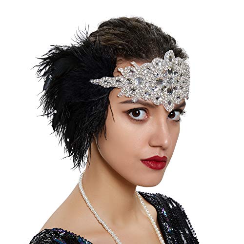 LATIMOON 1920s Flapper Headpiece Crystal Headband Flapper Headband 20s Gatsby Vintage Black Feather HeadbandHair Accessories