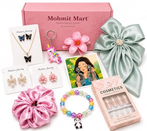 Image of Girls Fashion Accessories teues Gift Hamper Box | Korean Style Jewellery, Hair Bow, Scrunchie, Bracelet, Earrings, Nail Tips & Cute Accessories Combo for Women & Girls