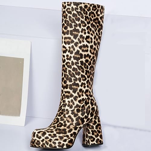 Seborluys Women Animal Print Knee High Gogo Boots Platform Chunky Heel Long Boots With Zipper3