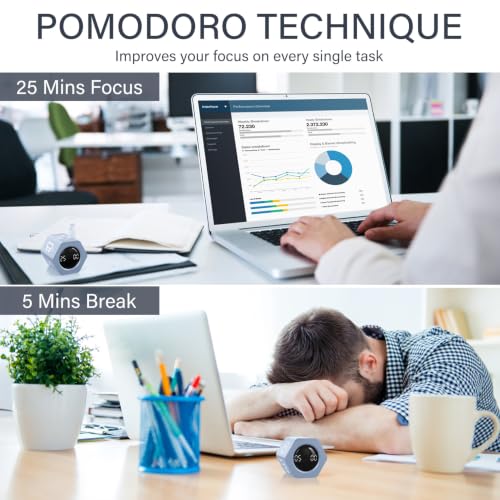 Image of Rotating Productivity Timer 5, 25, 10 30,60 Mins Preset Stopwatch, Desk Flip ProductivityTimer, ADHD Tool Hexagon, Vibration /Mute /Alarm, for Work, Study, Back to School, Kitchen, Blue
