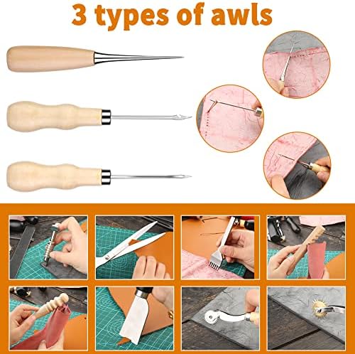 Leather Craft Tools Leather Sewing Kit Leather Carving Tools Leather Craft Making Leather Working Tools Kit with Custom Storage Bag for Cutting Punching Sewing Carving