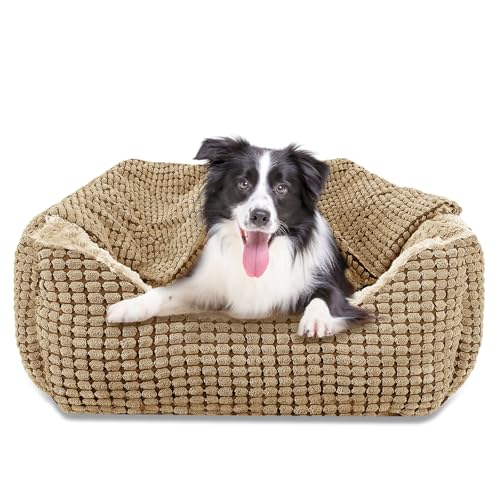 JOEJOY Rectangle Dog Bed Warm Hooded Puppy Bed for Large Medium Small Dogs, Luxury Super Soft Pet Cave Bed Medium Washable, 76x61x23cm(Brown)