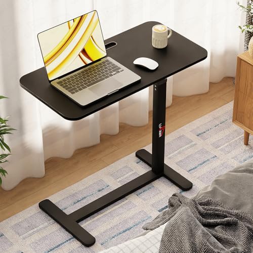 Image of Lukzer MST-002 Black Frame Black Top Overbed Table with Wheels | Adjustable Height Laptop Desk for Bed & Sofa | Rolling Bedside Table for Home, Hospital & Office (40x80x95 cm)