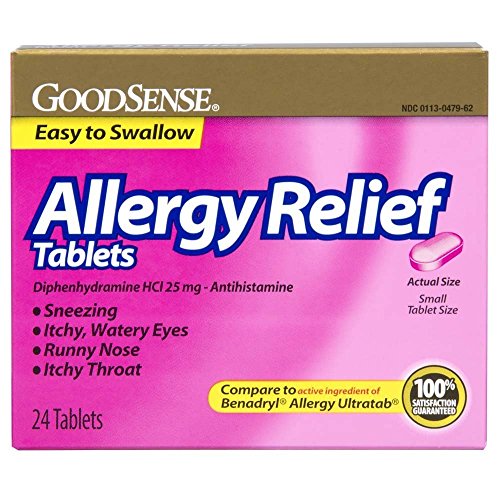 GoodSense Allergy Relief Diphenhydramine HCl 25 mg, Antihistamine Tablets for Symptoms Due to Hay Fever and Upper Respiratory Allergies, 24 Count