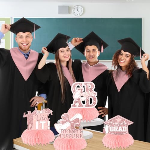 Image of 12pcs Graduation Table Decorations 2026,Pink Rose Gold Graduation Decorations Graduation Centerpieces for Tables Class of 2026 Centerpieces Honeycomb for 2026 Congrats Grad Table Decor (Pink)