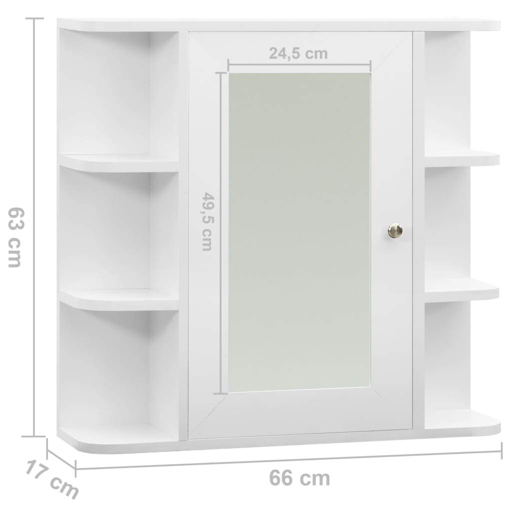 SYDE Armario de Baño con Espejo Blanco 66x17x63 cm | MDF y Vidrio, 1 Puerta, 8 Compartimentos, Almacenaje para Aseo
