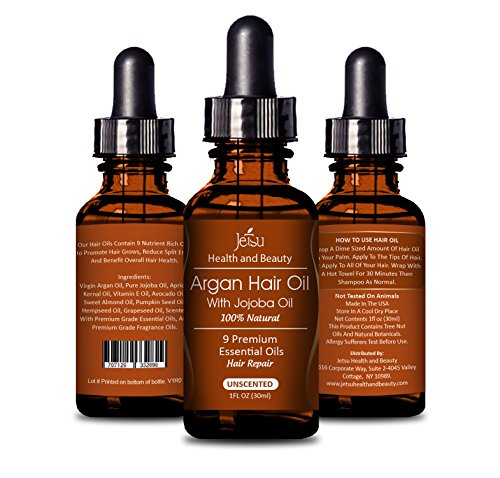 Argan Oil for Hair, UNSCENTED Repair Damaged Hair, Daily Hair Moisturizer, 9 Premium Quality Natural Essential Oils, including Jojoba Oil for Hair. FREE easy to use Dropper.