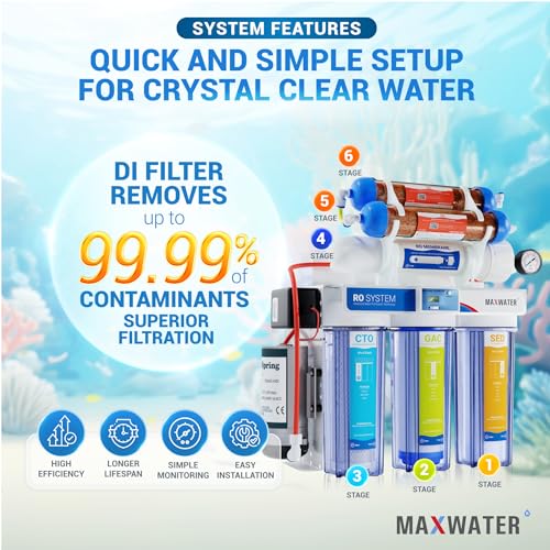 Image of Max Water 6 Stage 200 GPD (Gallon Per Day) RODI (Reverse Osmosis Deionization) Water Filtration System + Digital TDS Meter + Booster Pump for Aquarium