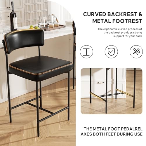 Image of Bar Stools Set of 2, Faux Leather Counter Height Barstools with Curved Back, 25 Inch Upholstered Bar Chairs, Modern Counter Stools for Kitchen lsland, Black