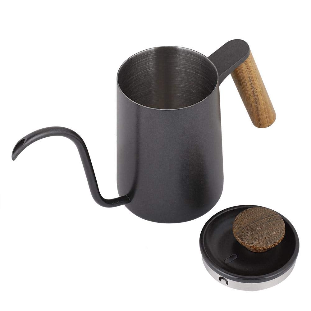 Fdit Caldera Larga del Canalón del Cuello de Cisne del Pote del Café del Goteo de la Manija del Acero Inoxidable de la Moda 600ml[Negro ]