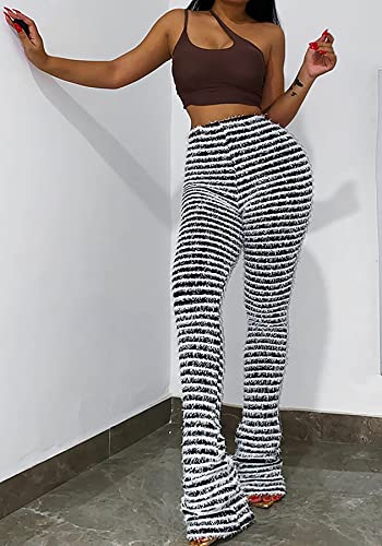 Molisry Women's Stacked Leggings Pants Fringe High Waist Tight Striped Tassel Sweatpants Fuzzy Hip Lift #TOP4