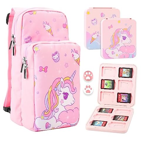FUNDIARY Pink Carrying Travel Bag for Nintendo Switch/OLED/Lite with Unicorn Design, Cute Portable Accessories Bundle with Sling Shoulder Bag Crossbody Backpack, 12 Game Card Holder and 2 Thumb Caps Cover