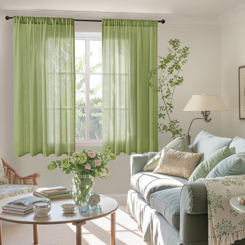 Image of BGment Green Linen Curtains 45 Inch Length - 2 Panels Set Sheer Drapes Rod Pocket for Living Room Bedroom Lightweight, 2 Panels Set, 42 X 45 Inch