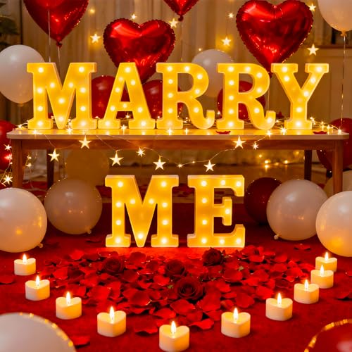 Marry Me Light Up Letters with 30 Tea Lights Candles Rose Petals Aluminum Balloons Balloons Red Carpet Rose Ring Box Double Sided Tape Valentines Day Proposal Engagement Wedding Decorations