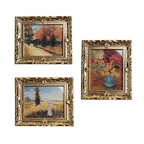Acxico 3Pcs 1:12 Mini Miniature Gold Frame Art Wall Picture