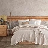 Tusche Home Tagesdecke 200x220cm, 100 % Baumwolle für Reisen, Camping & Zuhause, Wohndecke (Beige)