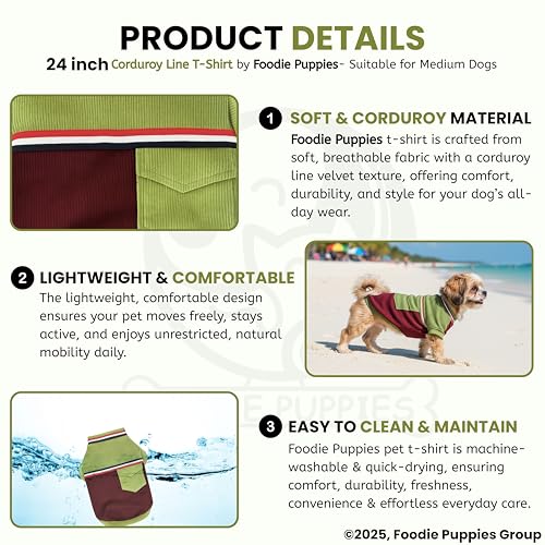 Image of Foodie Puppies Corduroy Line Velvet Pocket T-Shirt Warm Sweater Jacket - (24 inch, Olive & Maroon) for Medium to Large Dogs | Soft, Lightweight Pet Apparel | Stylish, Comfortable, Durable, Stretchable