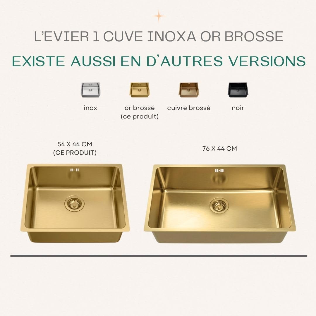 Essebagno Inoxa 1 fregadero solo acero inoxidable 54x44 oro cepillado